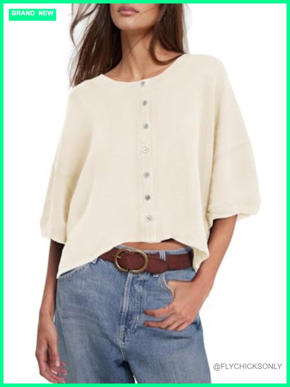 Women's Cropped Cardigan Short Sleeve Lightweight 3/4 Sleeve Button Up Oversized